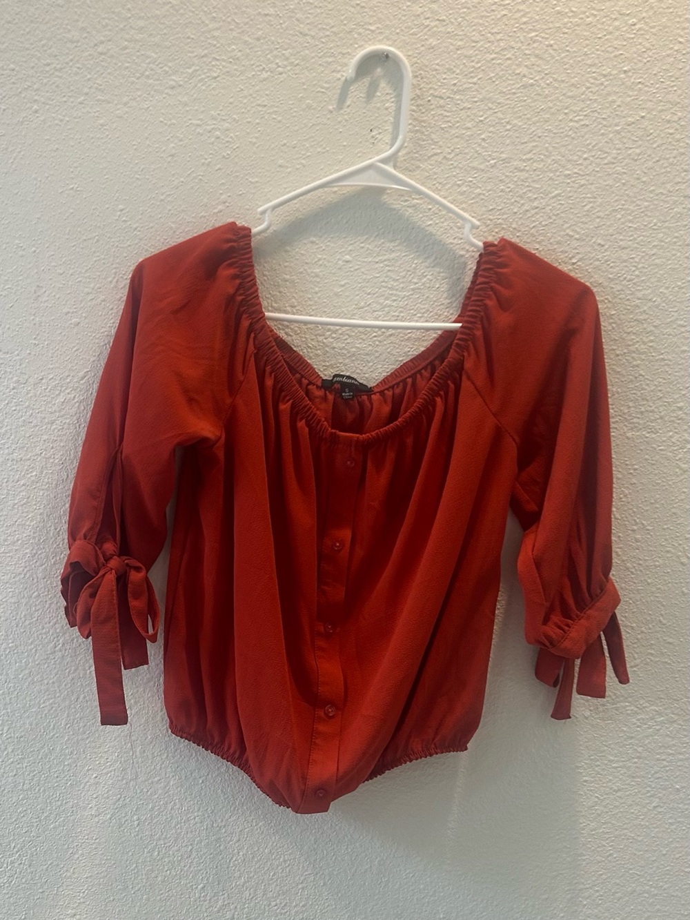 Ambiance Rust Red Button-Front Peasant Blouse with Tie Sleeves